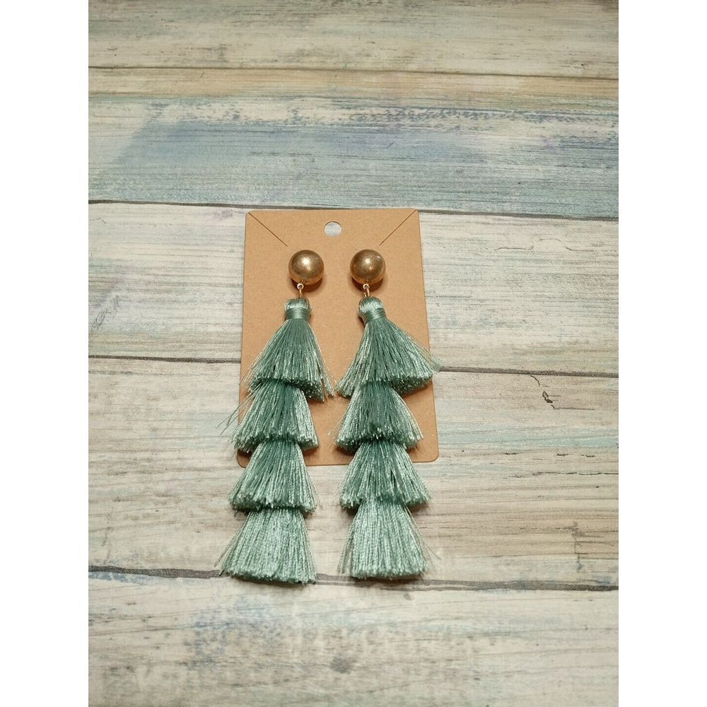 Green Teal Tassel EARRINGS Long Dangle‎ 4 Tier NWOT
